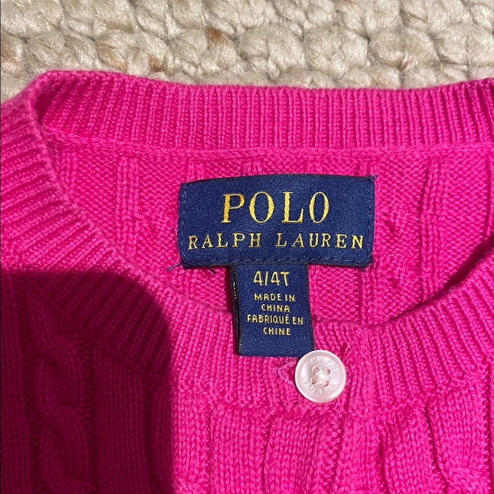 Like new Polo Ralph Lauren Kids Fuchsia Cable Knit Cardigan Sweater. Size 4/4T - Picture 2 of 3